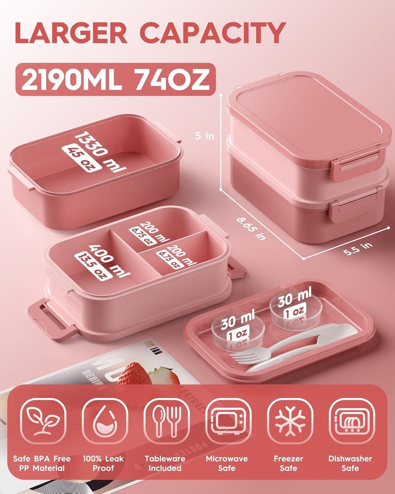 KEMETHY Adults Bento Lunch Box Set with Thermo Bag, 74oz Stackable Leak-proof 3-tiers Bento Box, Built-in Utensil and Sauce Container for Work, School, Dining Out (Pink) - Image 3